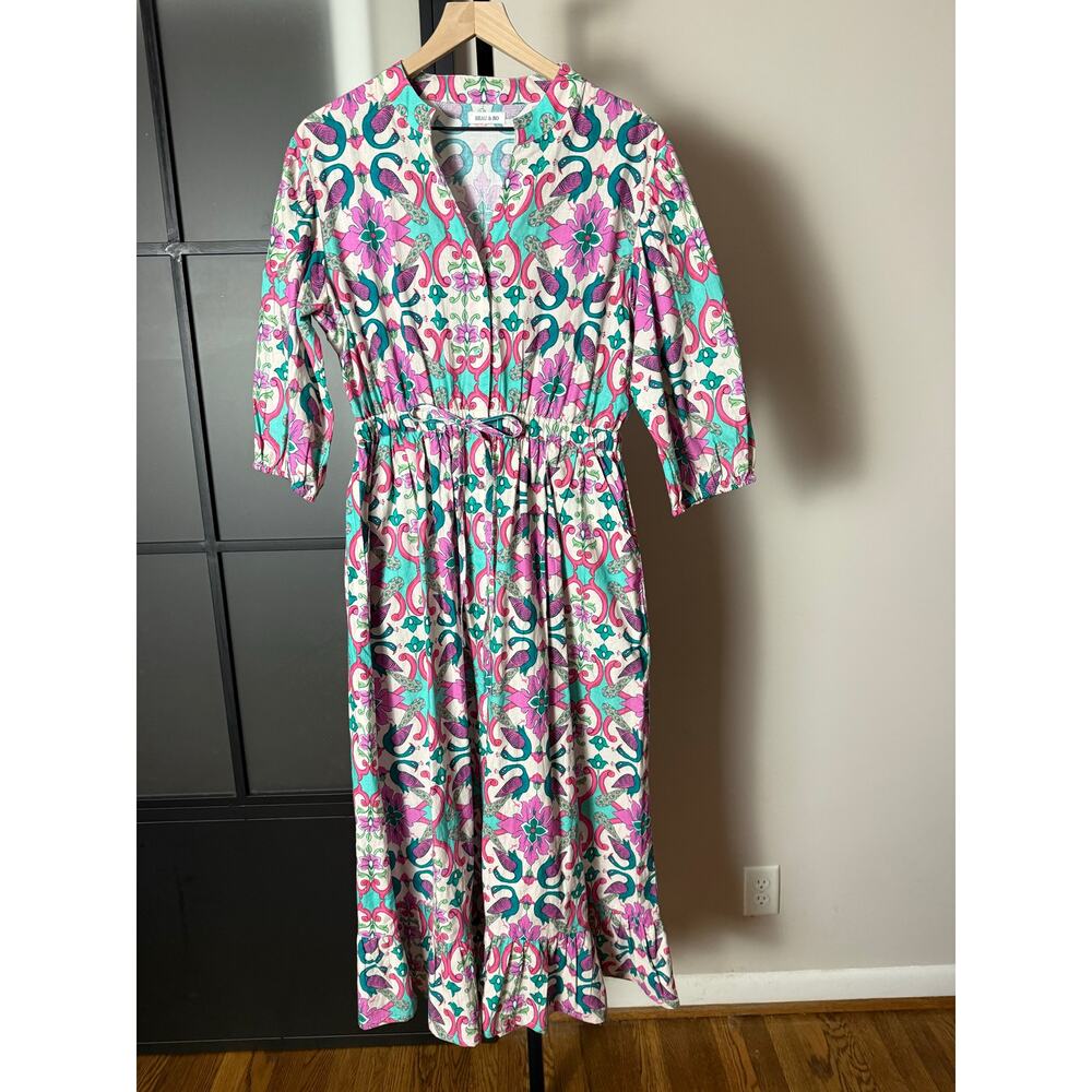Beau & Ro Made in India Cotton Dress Peacock Pattern Size Large